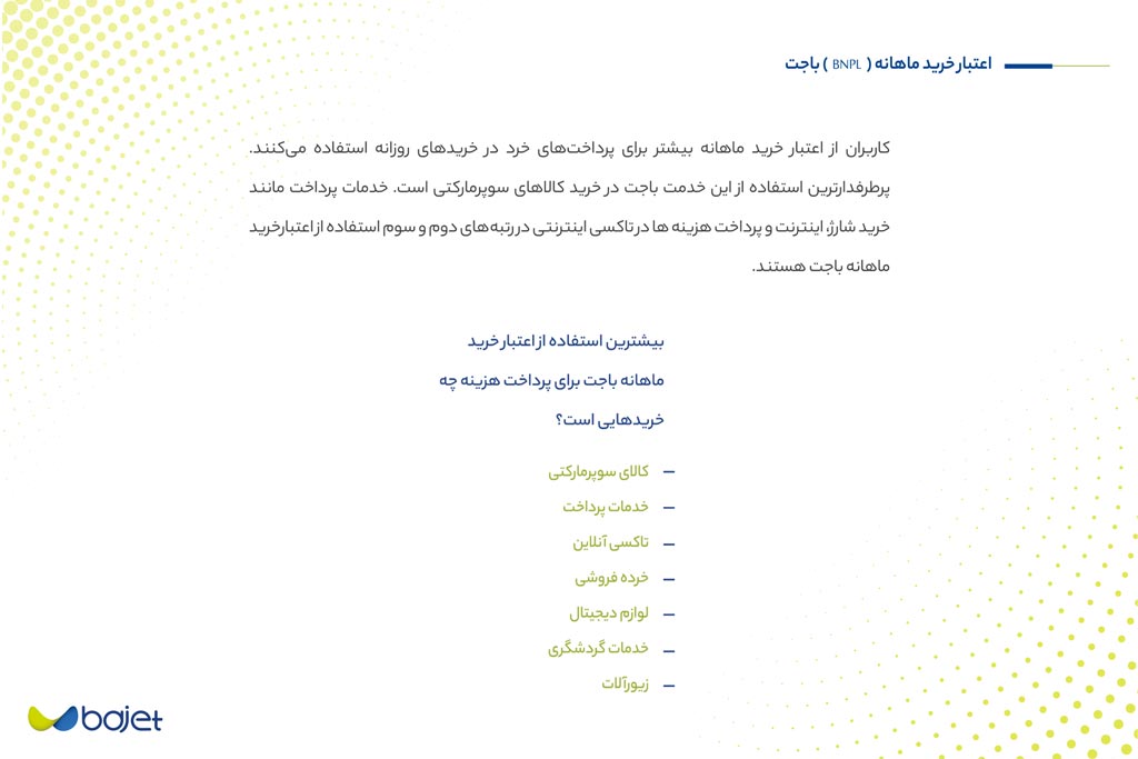 بیشترین کالاهایی که با اعتبار خرید ماهانه BNPL باجت خریداری شده.